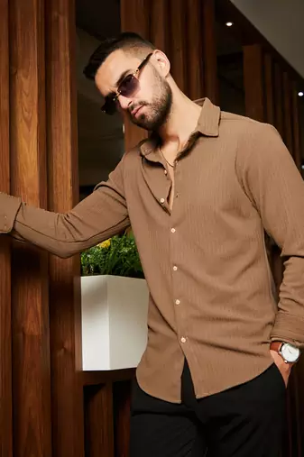 Men's tan brown stripe-creased shirt