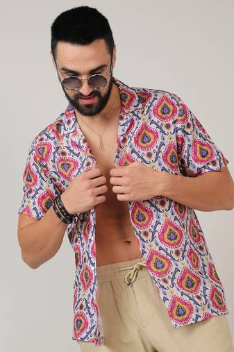 Men's crimson red & ivory white ethnic shirt