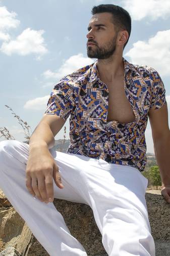Men's sienna brown & indigo blue bohemian shirt