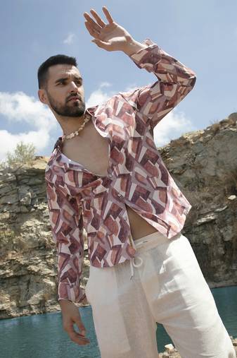 Men's pale yellow & sienna brown abstract block shirt