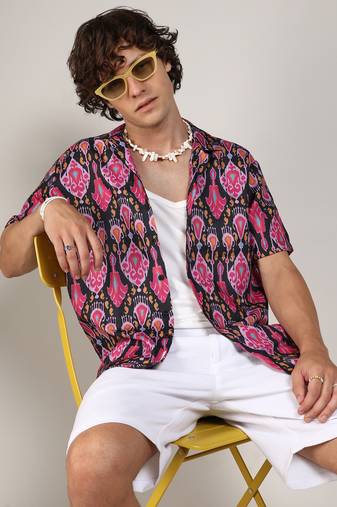 Men's midnight black & light pink ethnic shirt