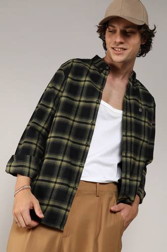 Men's midnight black & sage green brushed buffalo check shirt