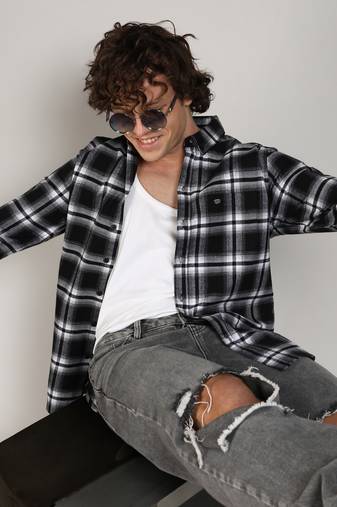 Men's midnight black & chalk white brushed buffalo check shirt