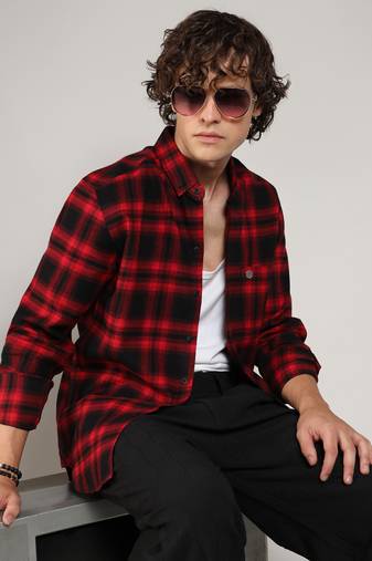 Men's midnight black & scarlet red brushed buffalo check shirt