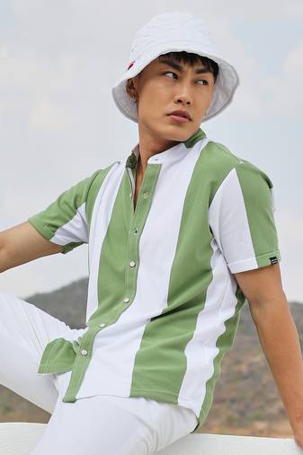 Men's pistachio green & ivory white balanced striped shirt