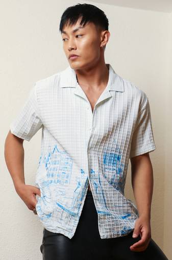 Men's chalk white:azure blue landscape strokes shirt