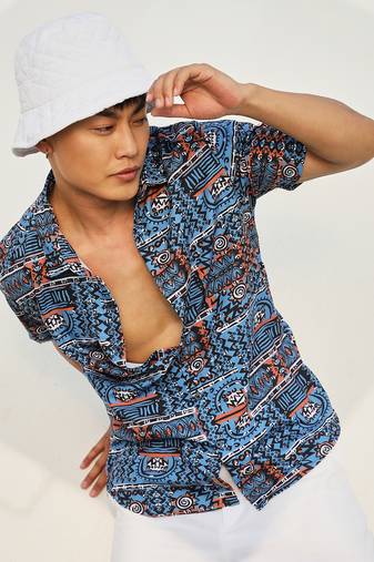 Men's icy blue artistic bohemian shirt