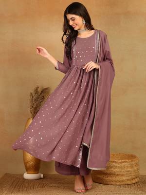 women mauve georgette solid embroidered straight kurta palazzo with dupatta 1