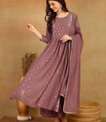women mauve georgette solid embroidered straight kurta palazzo with dupatta