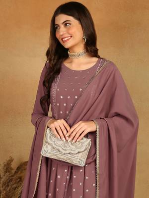 women mauve georgette solid embroidered straight kurta palazzo with dupatta 2