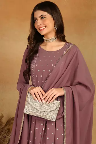 women mauve georgette solid embroidered straight kurta palazzo with dupatta