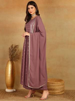 women mauve georgette solid embroidered straight kurta palazzo with dupatta 3