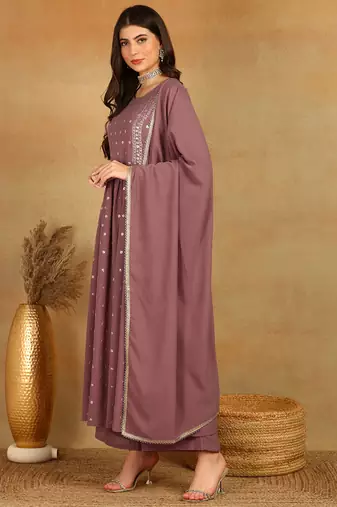 women mauve georgette solid embroidered straight kurta palazzo with dupatta