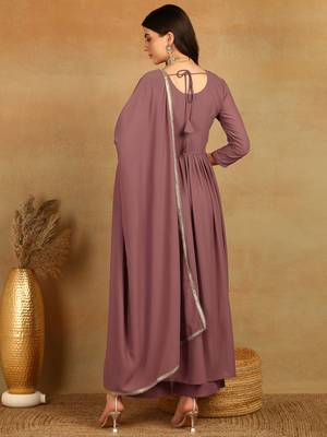 women mauve georgette solid embroidered straight kurta palazzo with dupatta 4