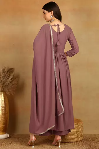 women mauve georgette solid embroidered straight kurta palazzo with dupatta