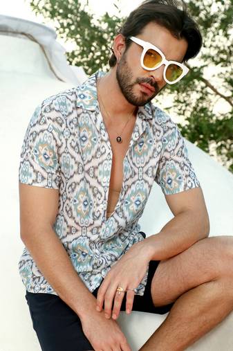 Men's ivory white & sage green ikkat shirt