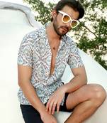 Men's ivory white & sage green ikkat shirt