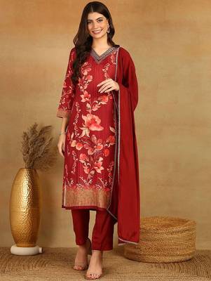 women maroon rayon blend floral printed straight kurta trouser with dupatta 1