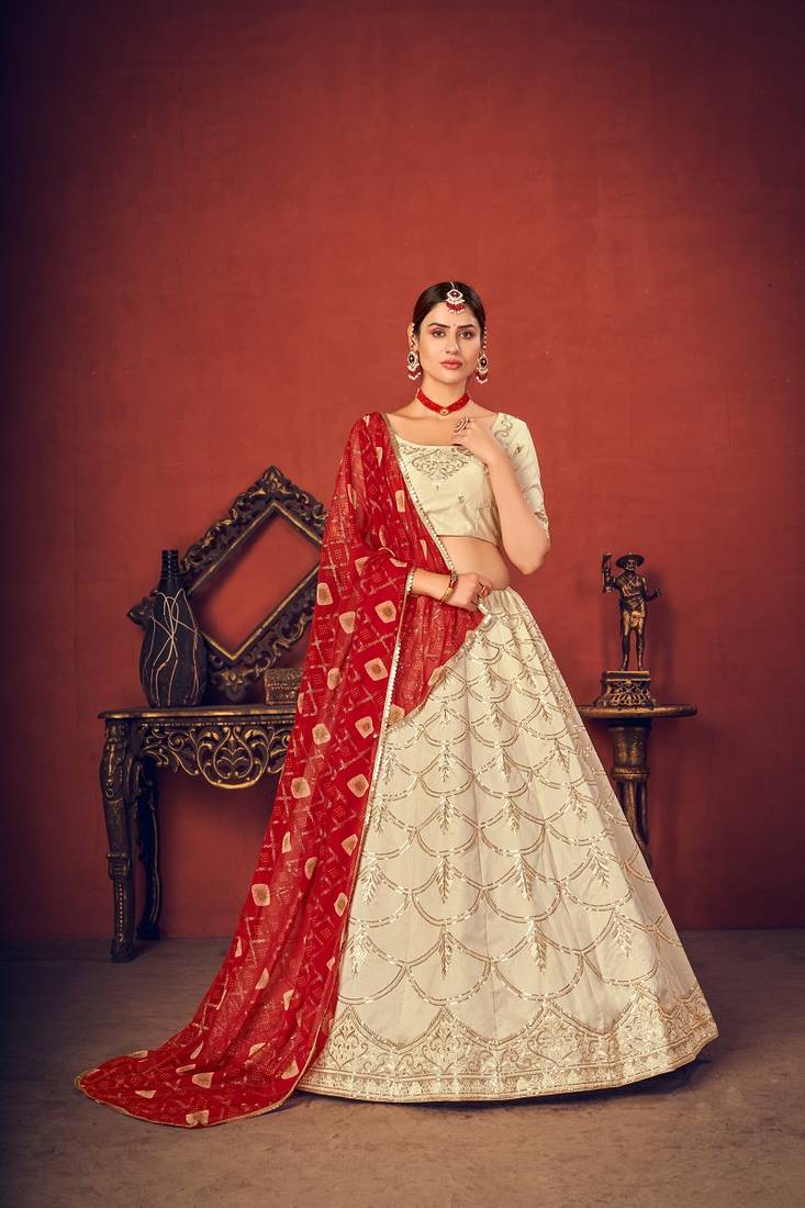 Beautiful Art Silk White Lehenga Choli Set With Dupatta