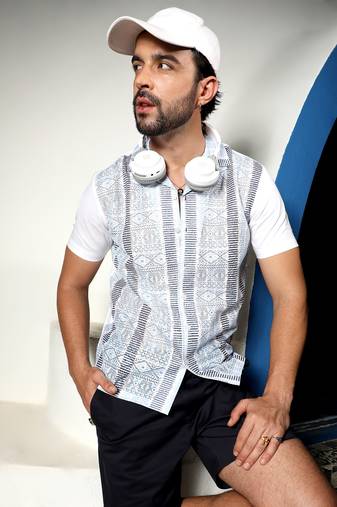 Men's sky blue & midnight black fish eye ethnic shirt