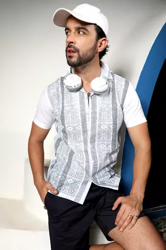 Men's sky blue & midnight black fish eye ethnic shirt