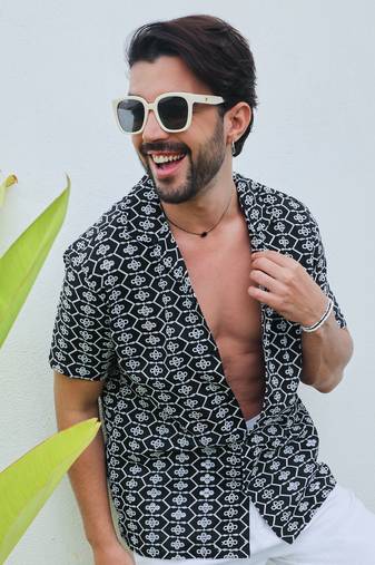 Men's obsidian black embroidered geometric shirt