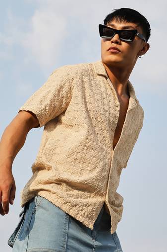 Men's beige embroidered flora shirt