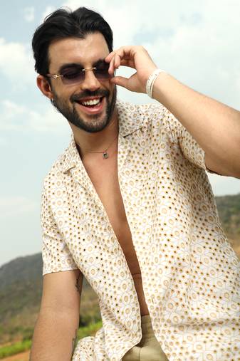 Men's off-white & tan brown embroidered circular shirt