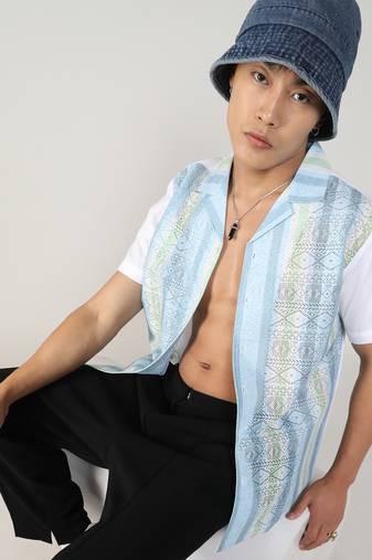 Men's light blue & pale yellow fish eye ethnic shirt