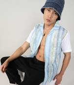 Men's light blue & pale yellow fish eye ethnic shirt