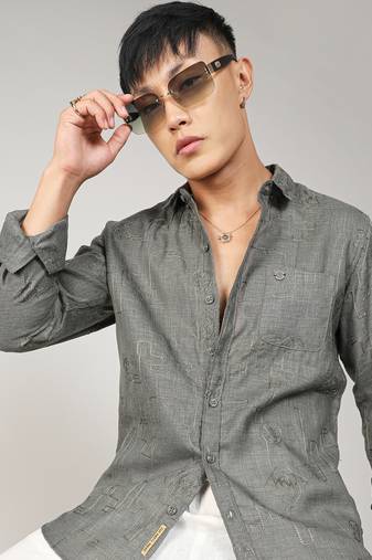 Men's olive green embroidered one-lined shirt