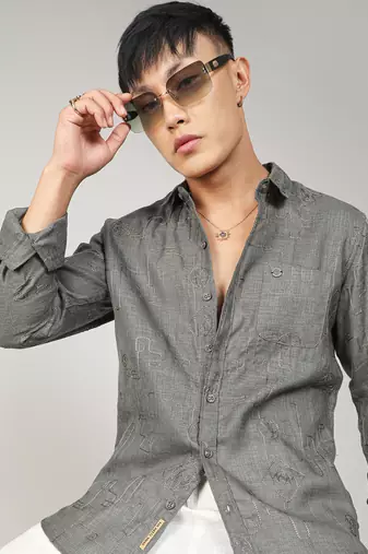 Men's olive green embroidered one-lined shirt