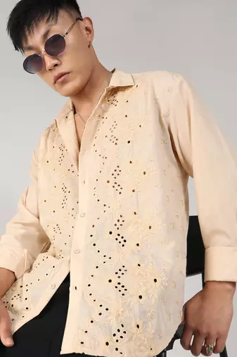 Men's beige embroidered flora shirt