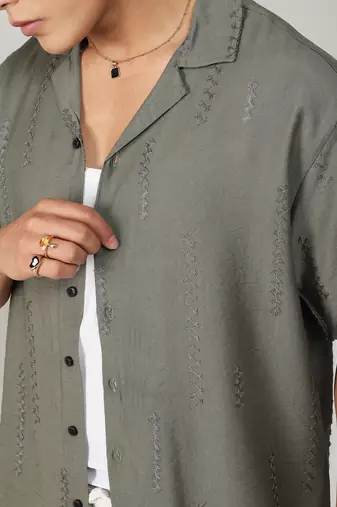 Men's olive green embroidered twist shirt