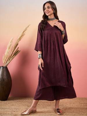 WINE DOUBLE TONE LUREX V NECK FLARED KURTA SET 1