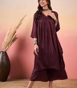 WINE DOUBLE TONE LUREX V NECK FLARED KURTA SET