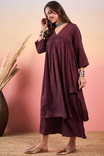 WINE DOUBLE TONE LUREX V NECK FLARED KURTA SET