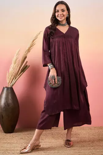 WINE DOUBLE TONE LUREX V NECK FLARED KURTA SET