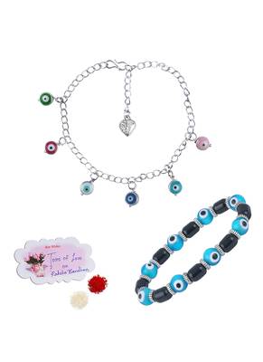 Handmade rakhi combo couple pair sky blue evil and colorful evil eye silver plated bracelet for bhaiya bhabhi 1