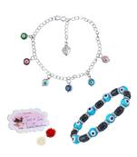 Handmade rakhi combo couple pair sky blue evil and colorful evil eye silver plated bracelet for bhaiya bhabhi