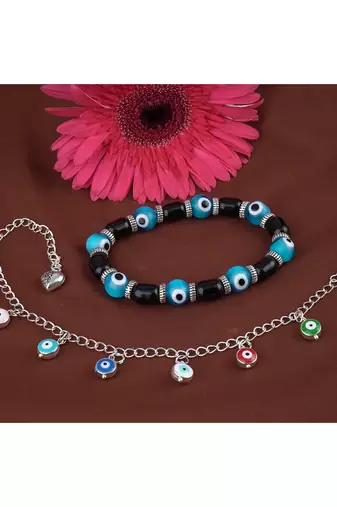 Handmade rakhi combo couple pair sky blue evil and colorful evil eye silver plated bracelet for bhaiya bhabhi