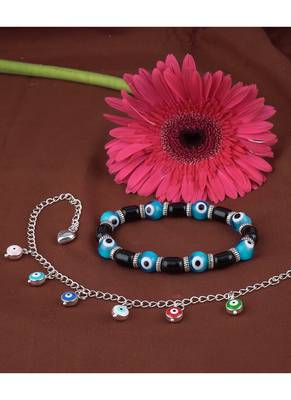 Handmade rakhi combo couple pair sky blue evil and colorful evil eye silver plated bracelet for bhaiya bhabhi 3