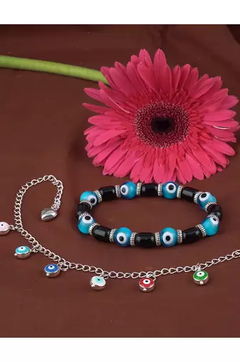 Handmade rakhi combo couple pair sky blue evil and colorful evil eye silver plated bracelet for bhaiya bhabhi