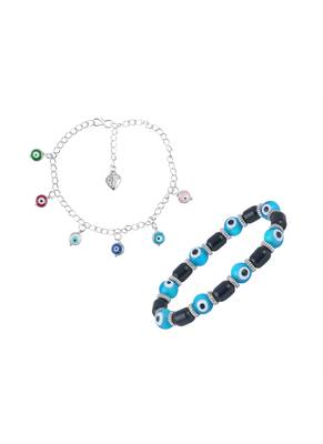 Handmade rakhi combo couple pair sky blue evil and colorful evil eye silver plated bracelet for bhaiya bhabhi 4