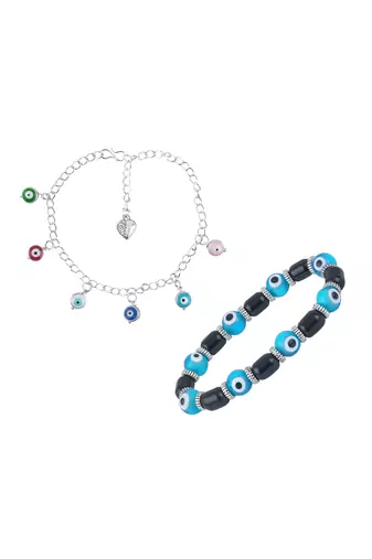 Handmade rakhi combo couple pair sky blue evil and colorful evil eye silver plated bracelet for bhaiya bhabhi