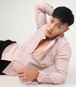 Men's blush pink self-design striped shirt
