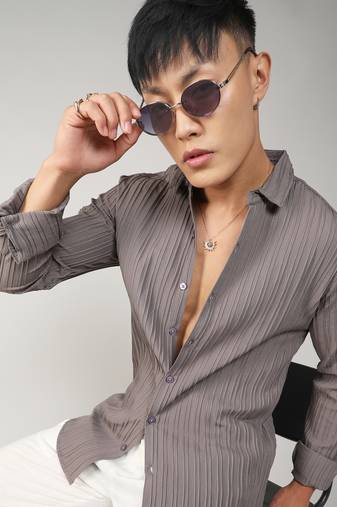 Men's ash grey self-design striped shirt