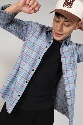 Men's light blue tartan plaid shirt