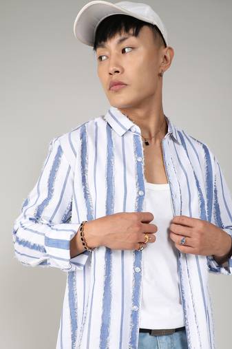 Men's sky blue & chalk white striped fringe shirt