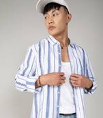 Men's sky blue & chalk white striped fringe shirt